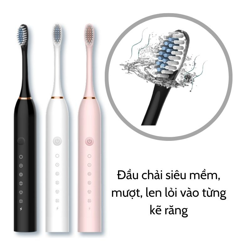 Bàn Chải Điện Đánh Răng Sonic X3 Thông Minh 5 Tốc Độ Cho Người Lớn Pin Sạc 1200MAH3 Sóng Âm Tặng Kèm 4 Đầu Thay Thế