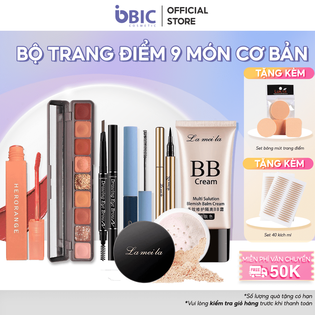 Bộ trang điểm 9 món cá nhân tiện lợi kem nền, trang điểm mắt, phấn mắt, son kem, phấn phủ, phụ kiện Biccosmetic