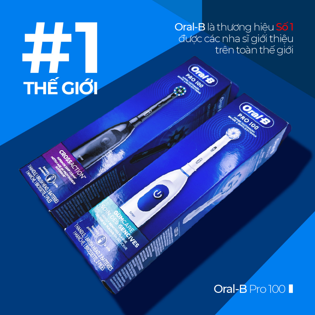 Bàn Chải Pin Oral-B Pro 100 Battery – Công Nghệ ProCore Mạnh Mẽ, 2 Pin AA, Hẹn Giờ 2-Phút, Nhiều Loại Đầu Chăm Sóc Răng