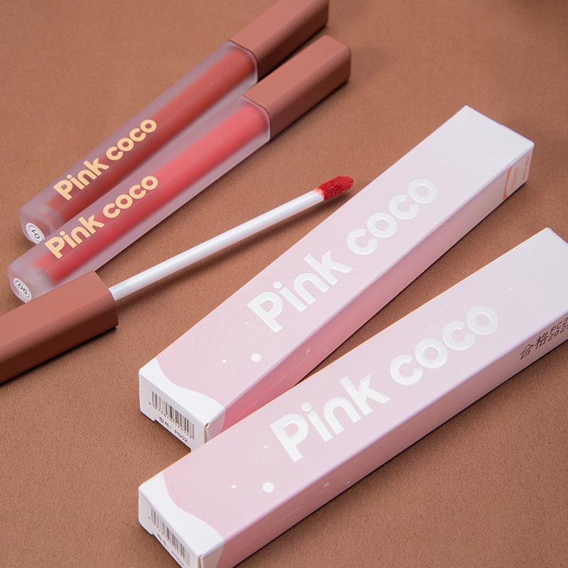Son kem PINKCOCO vuông dài nắp đỏ CÓ ẢNH THẬT SHOP CHỤP dưỡng ẩm mềm mịn môi hiệu ứng mờ lì xinh xắn