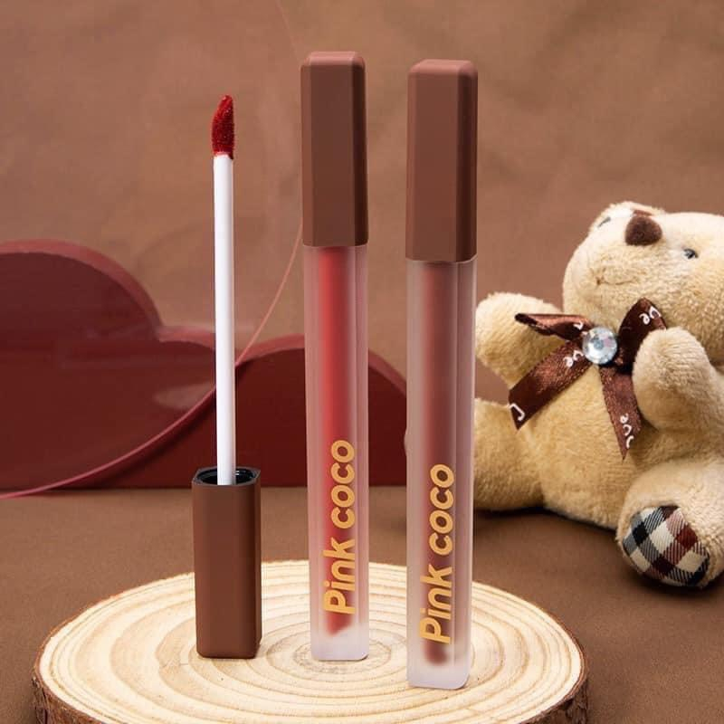 Son kem PINKCOCO vuông dài nắp đỏ CÓ ẢNH THẬT SHOP CHỤP dưỡng ẩm mềm mịn môi hiệu ứng mờ lì xinh xắn