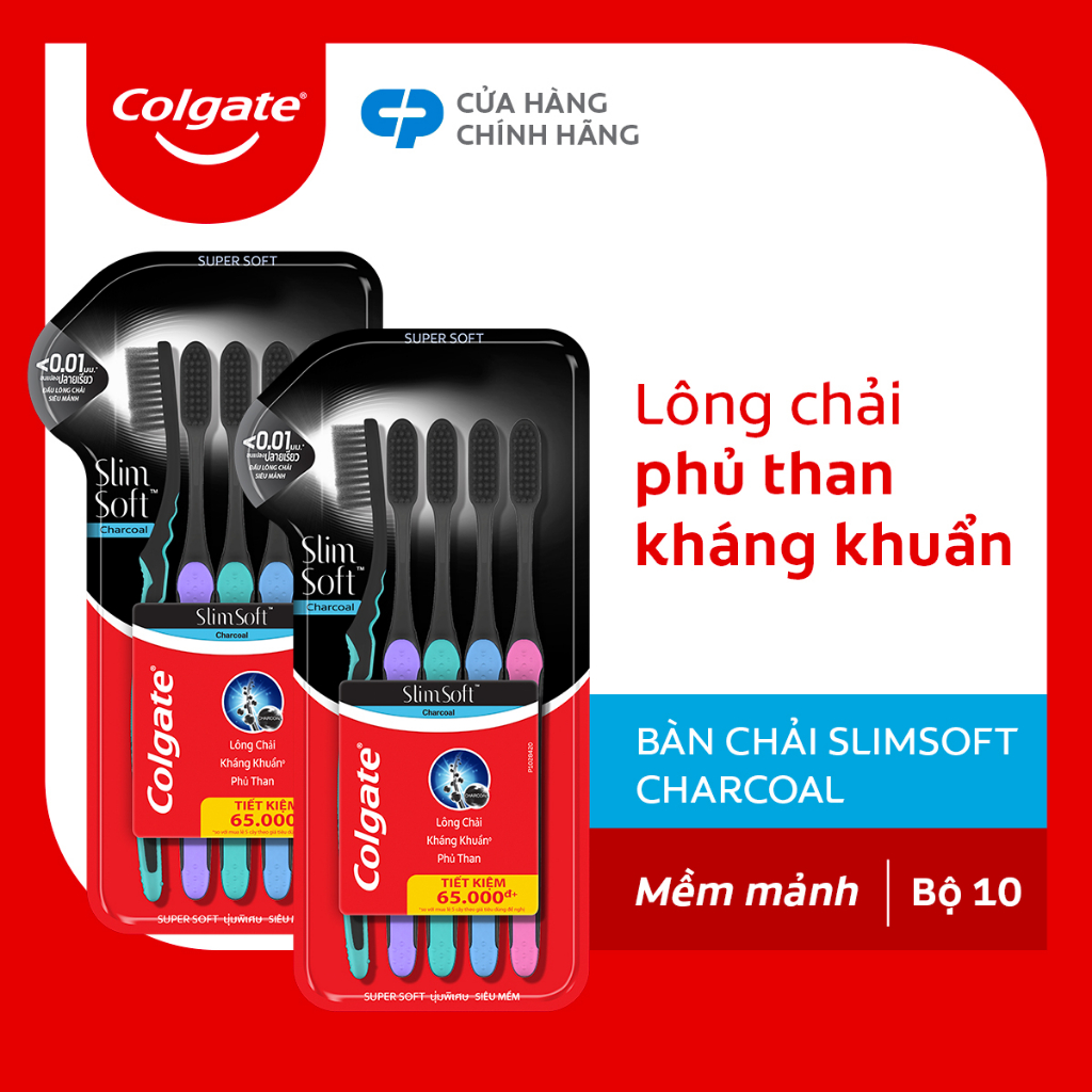 Bộ 10 Bàn chải Colgate SlimSoft Charcoal than hoạt tính kháng khuẩn siêu mềm mảnh