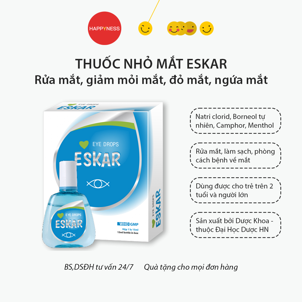 Nước mắt nhân tạo Eskar Tear – Thuốc nhỏ mắt giảm khô, bảo vệ và phục hồi mắt, giảm kích ứng mắt – Lọ 15ml