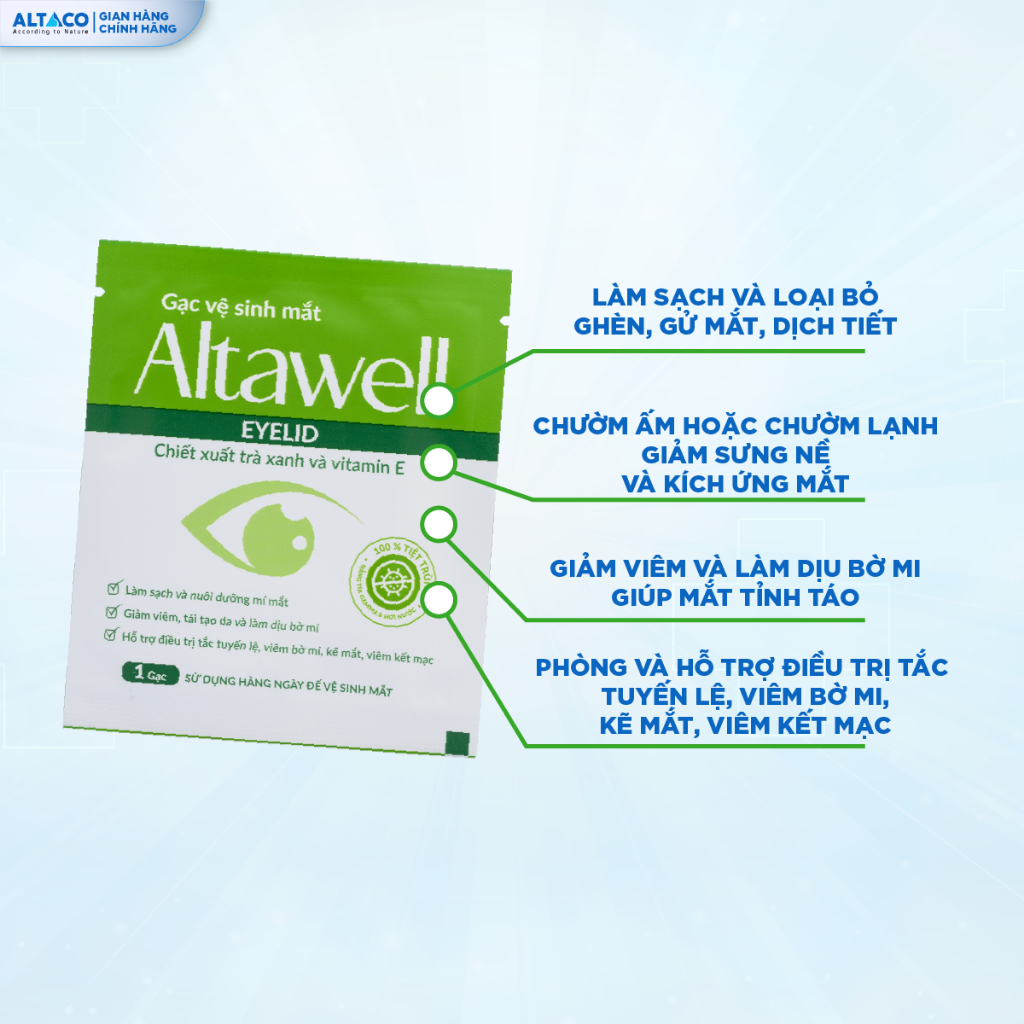 Gạc Mắt Altawell Eyelid Làm Sạch Giảm Kích Ứng Mắt Bờ Mi Với Chiết Xuất Trà Xanh Tràm Trà – Hộp 20 gói