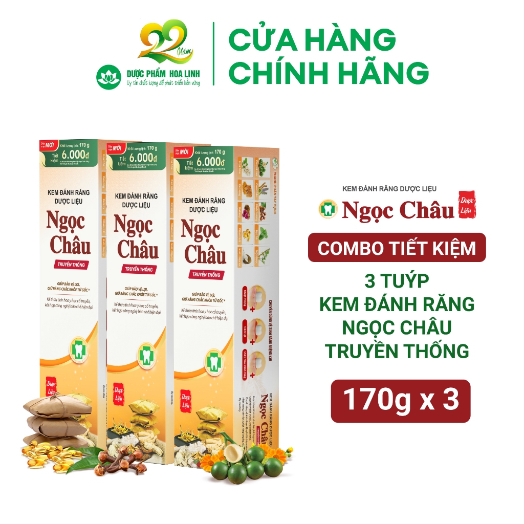 Bộ 3 tuýp Kem đánh răng dược liệu Ngọc Châu Truyền thống 170g