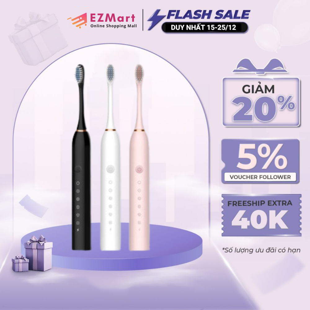 Bàn Chải Điện Đánh Răng Sonic X3 Thông Minh 5 Tốc Độ Cho Người Lớn Pin Sạc 1200MAH3 Sóng Âm Tặng Kèm 4 Đầu Thay Thế