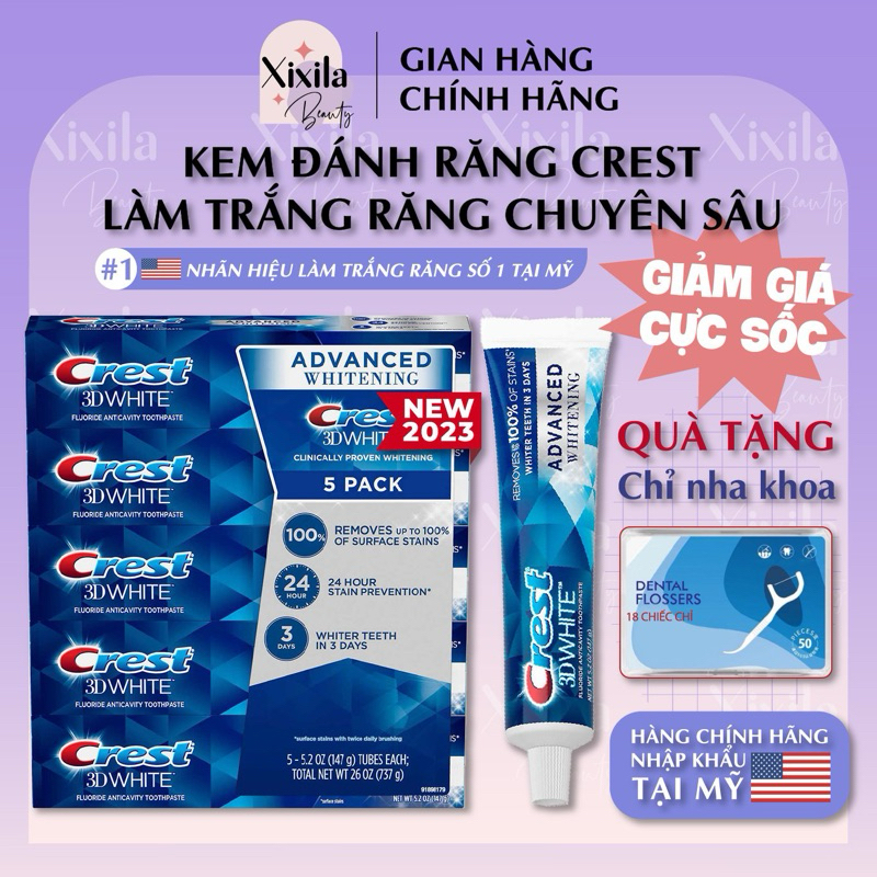 Kem đánh răng Crest 3D White Advanced Triple Whitening 147Gram làm trắng gấp 3 lần phiên bản cũ