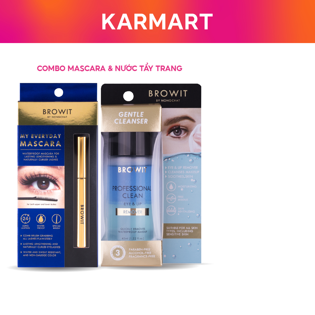 Combo Trang Điểm Mascara Nongchat 5.5g và Nước Tẩy Trang Browit Professional Clean Eye & Lip Remover