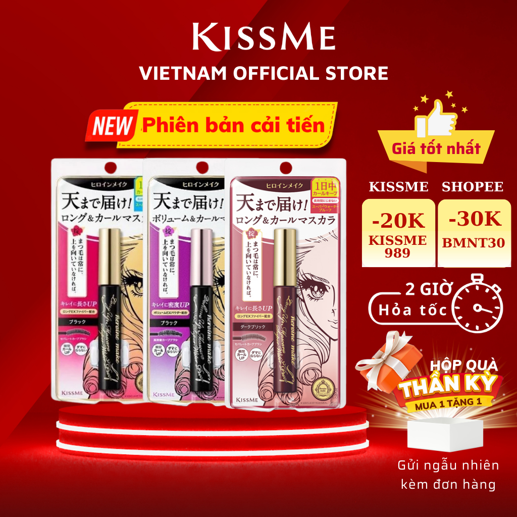 Chuốt Mi Mascara Kissme Siêu Bền Giúp Nâng Cong Và Dày Rậm Mi Tối Đa Kissme Heroine Mascara WP 6G Mi dài hơn 5mm