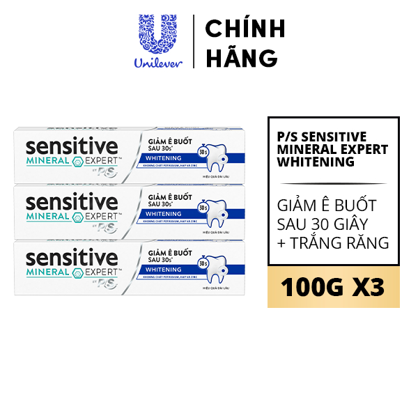 Bộ 3 Hộp Kem đánh răng P/S giảm ê buốt sau 30 giây Sensitive Mineral Expert Whitening với tác động từ khoáng 100g