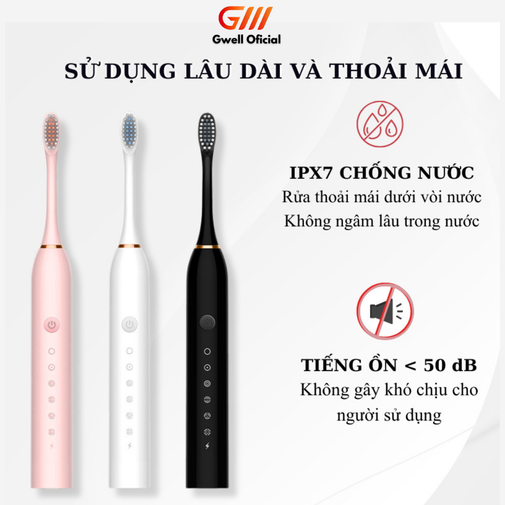 Bàn Chải Điện Đánh Răng GODWELL Chế Độ Rung Sóng Âm Lông Mềm Chống Nước IPX7 Dung Lượng Pin 800mah Kèm 4 Đầu Thay Thế