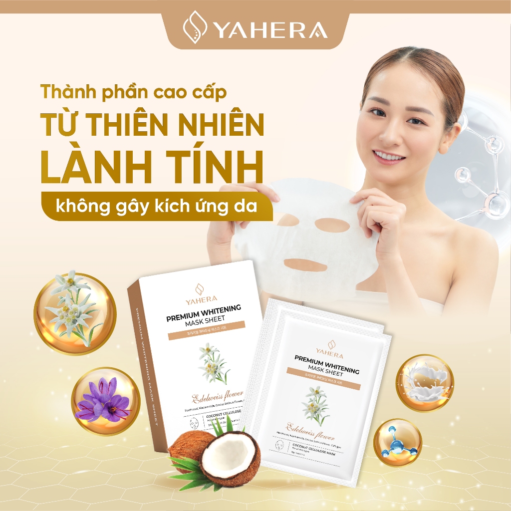 Hộp 10 Mặt nạ thạch nước dừa tươi dưỡng trắng da cao cấp YAHERA Premium Whitening Mask Sheet dưỡng ẩm, phục hồi da 25g