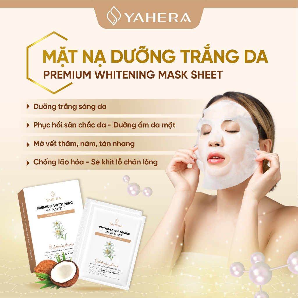Hộp 10 Mặt nạ thạch nước dừa tươi dưỡng trắng da cao cấp YAHERA Premium Whitening Mask Sheet dưỡng ẩm, phục hồi da 25g