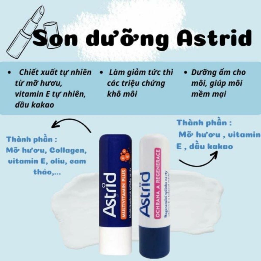 Son dưỡng môi mỡ hươu Astrid Multivitamin, Cộng hòa Séc, tẩy da chết, tái tạo môi mềm, dưỡng ẩm căng mọng