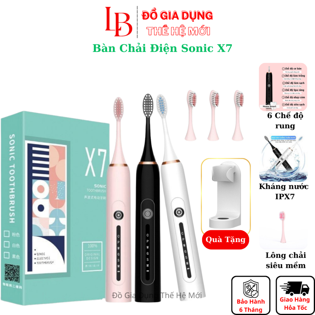 Bàn chải điện Sonic X7 dùng công nghệ rung sóng âm, bàn chải đánh răng tự động đánh tan mảng bám thế hệ mới nhất 2024