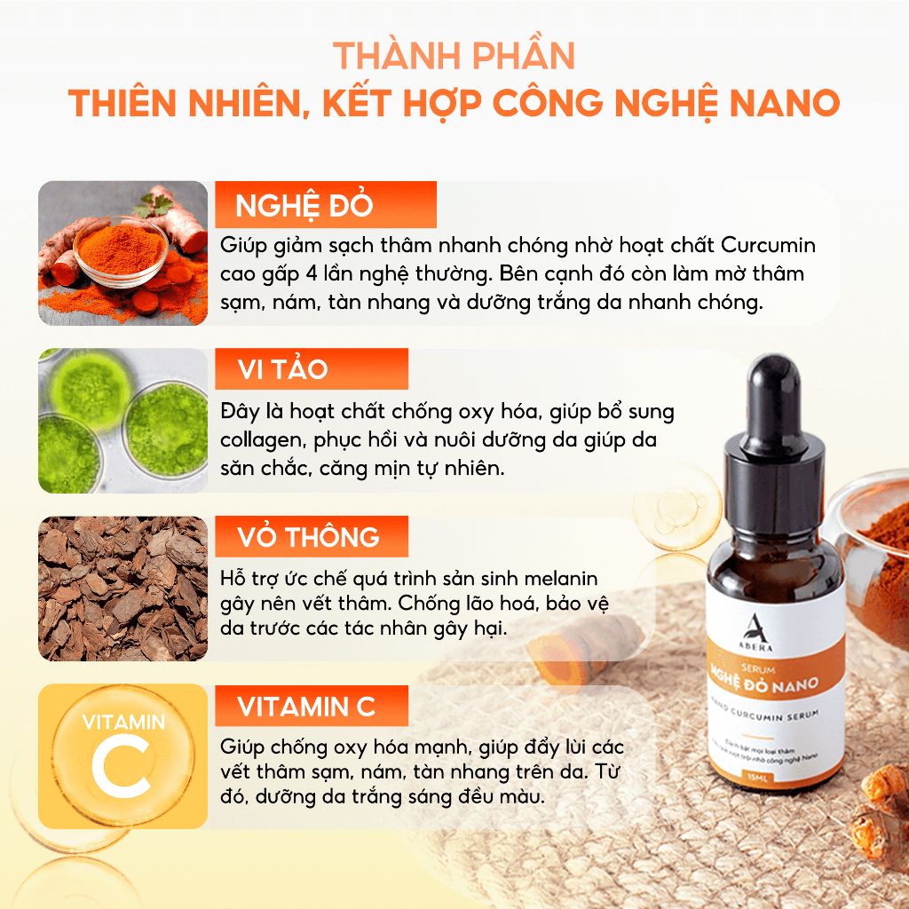 Giảm thâm mắt serum Nghệ Đỏ Nano Abera 15ml, serum mắt giảm quầng thâm mắt bọng mắt, chứa vitamin C dưỡng ẩm làm sáng da