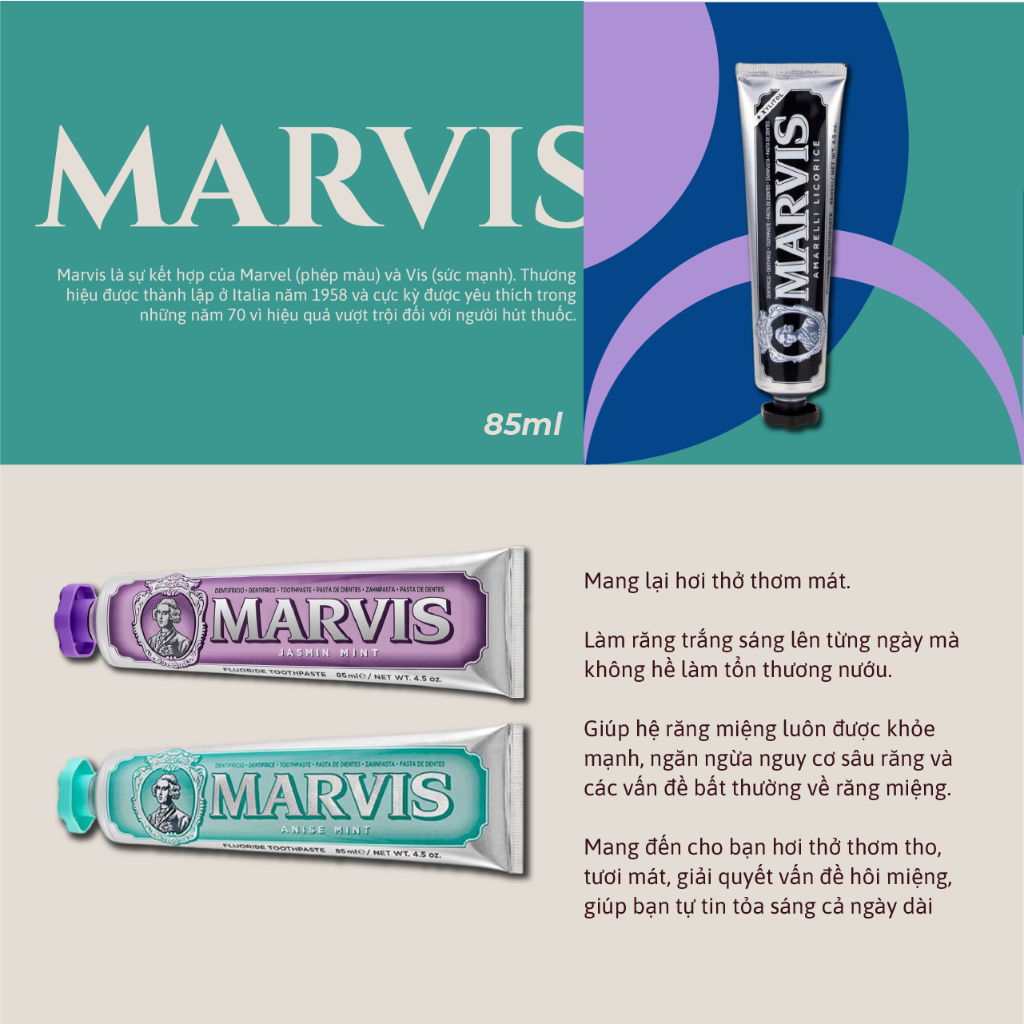 Kem Đánh Răng Ý Marvis Classic 85ml Đủ Loại – 9 Hương Vị Cổ Điển, Kem Đánh Răng Trắng Răng Marvis Whitening Smokers Mint