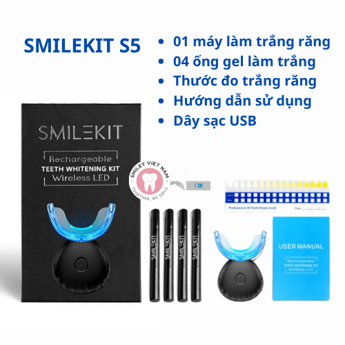 Kit trắng răng SMILEKIT S5, Máy làm trắng răng giúp trắng răng nhanh chóng, an toàn, không ê buốt đã bao gồm 4 bút gel