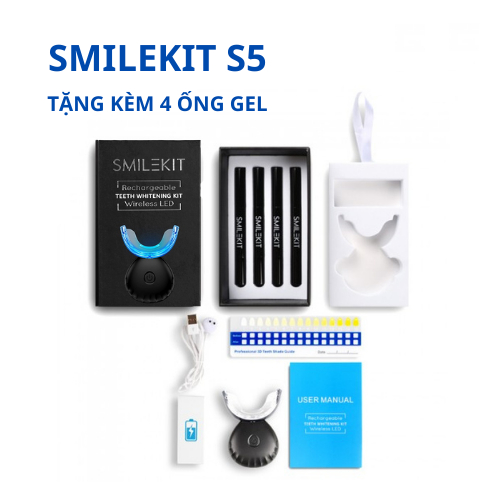 Kit trắng răng SMILEKIT S5, Máy làm trắng răng giúp trắng răng nhanh chóng, an toàn, không ê buốt đã bao gồm 4 bút gel