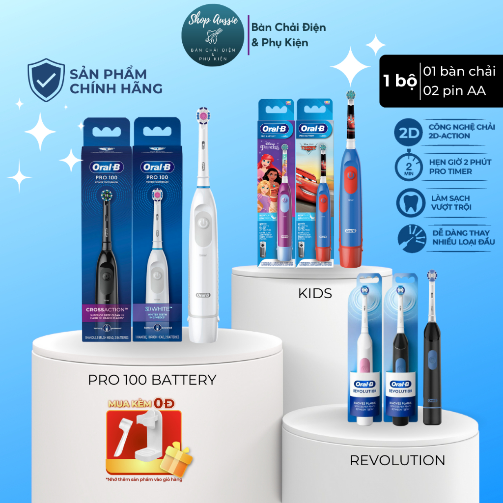 Bàn Chải Pin Oral-B Braun Đủ Các Dòng – Hẹn Giờ 2-Phút, Dùng Pin AA, Nhiều Loại Đầu Chăm Sóc Răng, Clinical Revolution