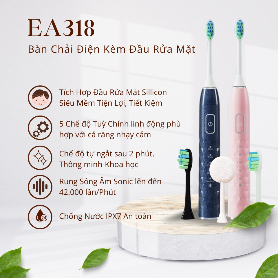 [Tặng 2 QUÀ] Bàn Chải Điện kèm Rửa mặt 5in1 EA318, chống nước IPX7, rung sonic 42.000 lần/phút, bảo hành 1 năm