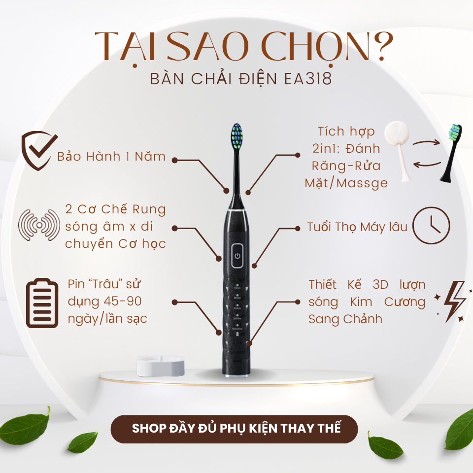 [Tặng 2 QUÀ] Bàn Chải Điện kèm Rửa mặt 5in1 EA318, chống nước IPX7, rung sonic 42.000 lần/phút, bảo hành 1 năm