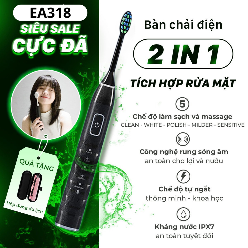 [Tặng 2 QUÀ] Bàn Chải Điện kèm Rửa mặt 5in1 EA318, chống nước IPX7, rung sonic 42.000 lần/phút, bảo hành 1 năm