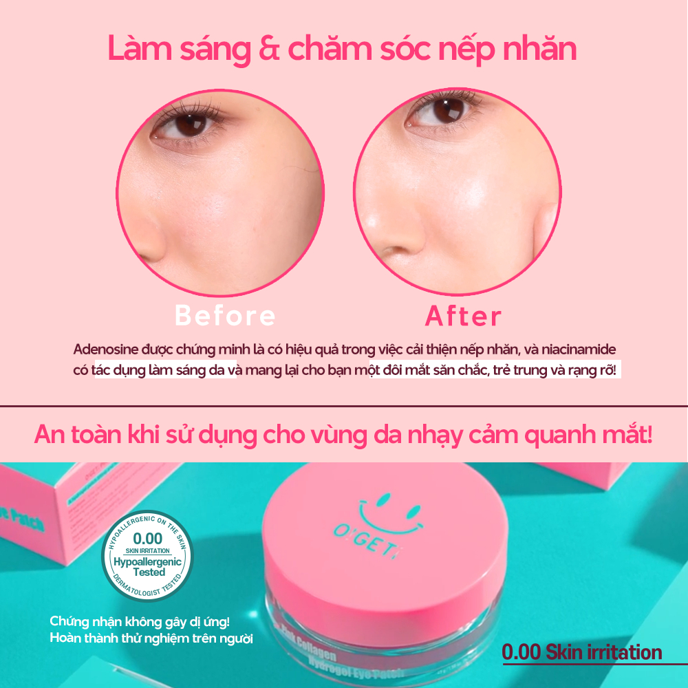 Mặt Nạ Mắt Cải Thiện Nếp Nhăn Giảm Thâm Dưỡng Trắng OGET Pink Collagen Hydrogel Eye Patch 45g