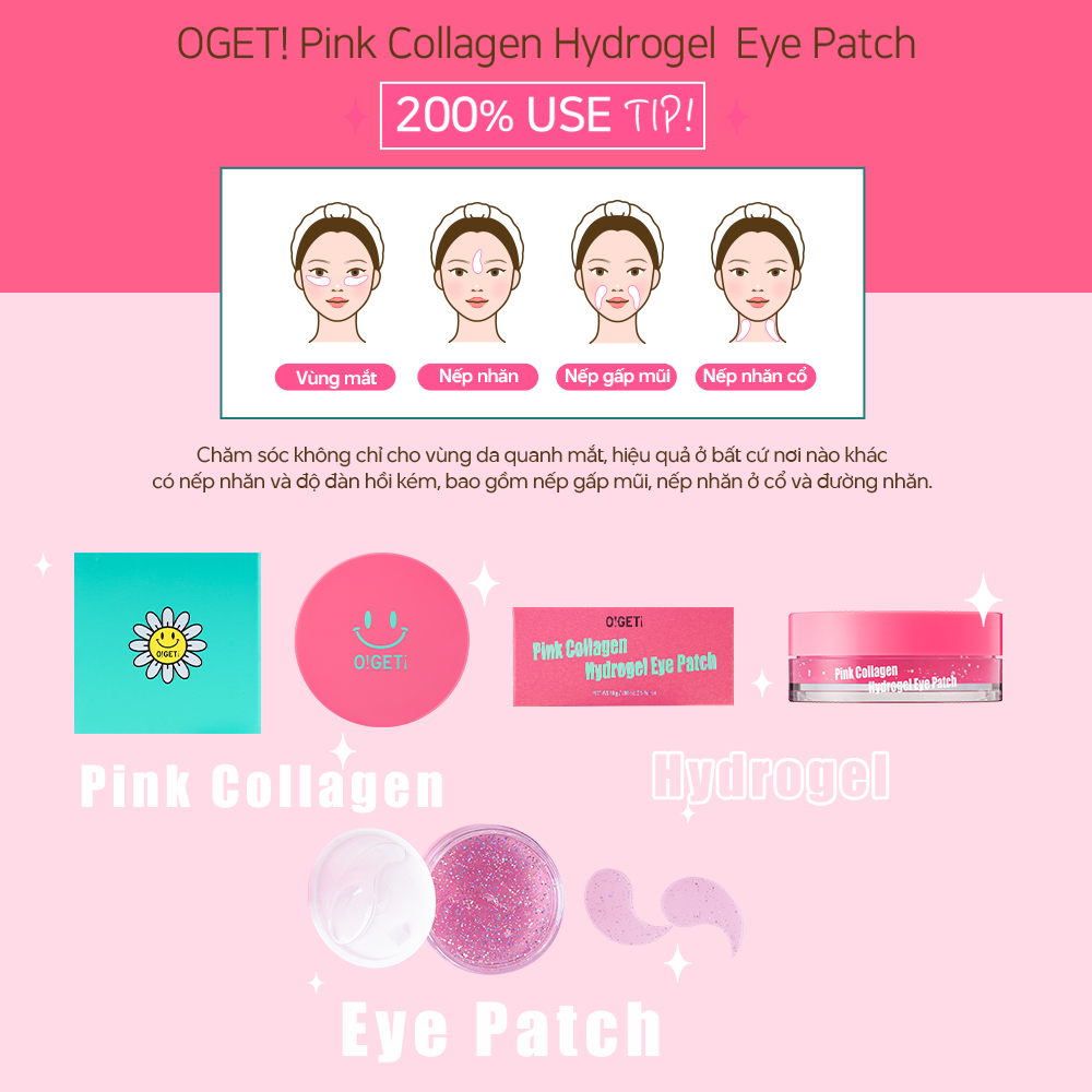 Mặt Nạ Mắt Cải Thiện Nếp Nhăn Giảm Thâm Dưỡng Trắng OGET Pink Collagen Hydrogel Eye Patch 45g