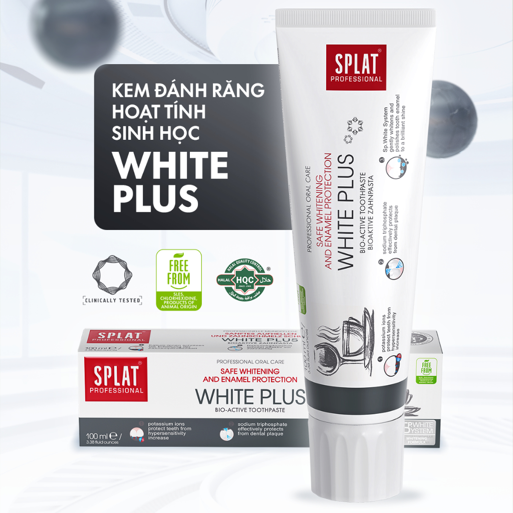 Kem đánh răng trắng răng thơm miệng SPLAT White Plus loại bỏ vết ố vàng từ cafe, trà làm sáng răng, giảm ê buốt 100ml