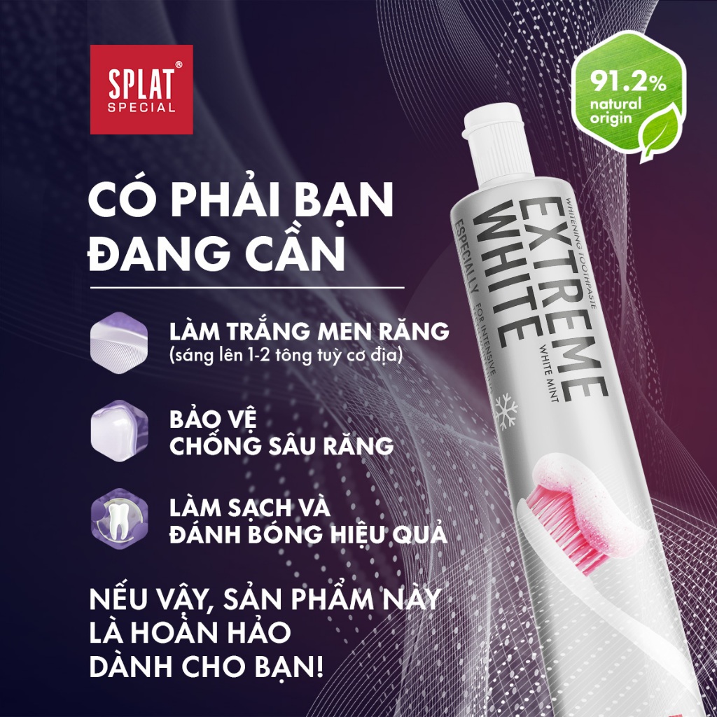 Kem đánh răng trắng răng tại nhà SPLAT Extreme White sau 4-6 tuần sử dụng, làm sáng men răng, ngừa sâu răng 75ml