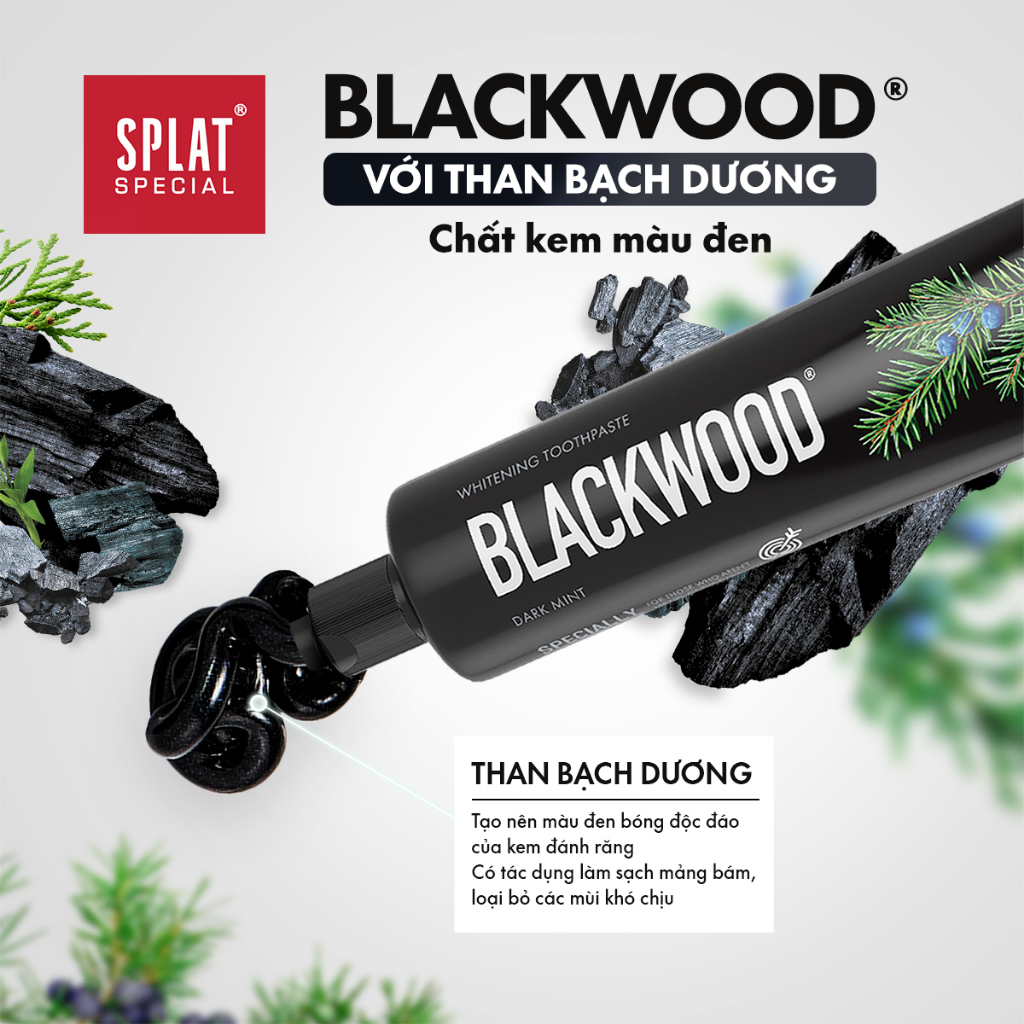 Kem đánh răng than hoạt tính trăng răng SPLAT Blackwood không chứa flo, ngừa hôi miệng, loại bỏ mảng bám, khỏe nướu 75ml