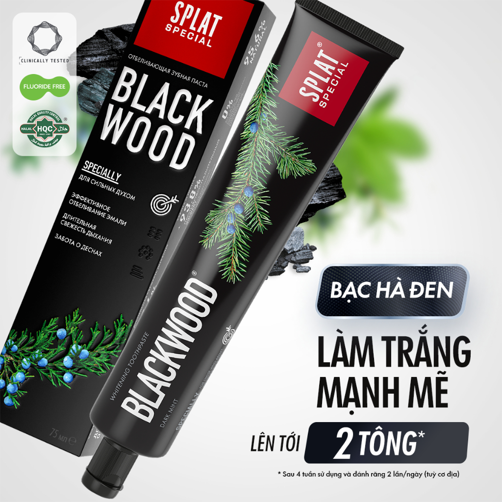 Kem đánh răng than hoạt tính trăng răng SPLAT Blackwood không chứa flo, ngừa hôi miệng, loại bỏ mảng bám, khỏe nướu 75ml