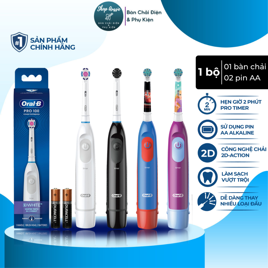 Bàn Chải Pin Oral-B Pro 100 Battery – Công Nghệ ProCore Mạnh Mẽ, 2 Pin AA, Hẹn Giờ 2-Phút, Nhiều Loại Đầu Chăm Sóc Răng