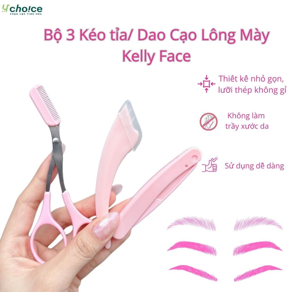 Dao cạo lông mày 3 món lưỡi thép nhà Kelly gồm kéo tỉa chân mày, bộ dụng cụ 2 dao cạo và tỉa lông mày, lông mặt gấp gọn.