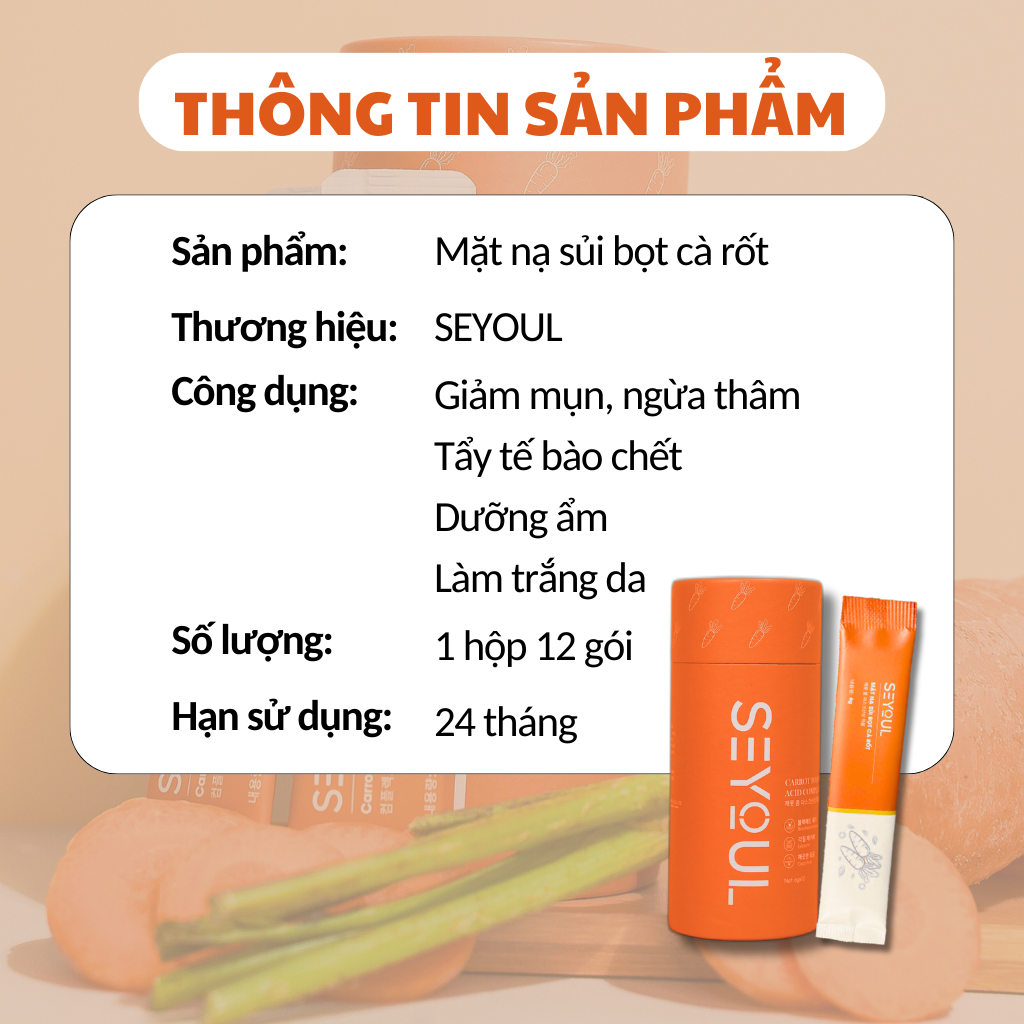 Mặt Nạ Sủi Bọt Cà Rốt SEYOUL hỗ trợ giảm mụn đầu đen, thải độc và làm sạch sâu cho da – 1 Hộp 12 gói