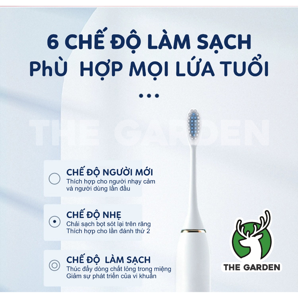 Bàn Chải Điện Đánh Răng THE GARDEN Thông Minh 6 Chế Độ Làm Sạch Tặng Kèm 4 Đầu Thay Thế Lông Mềm Cao Cấp