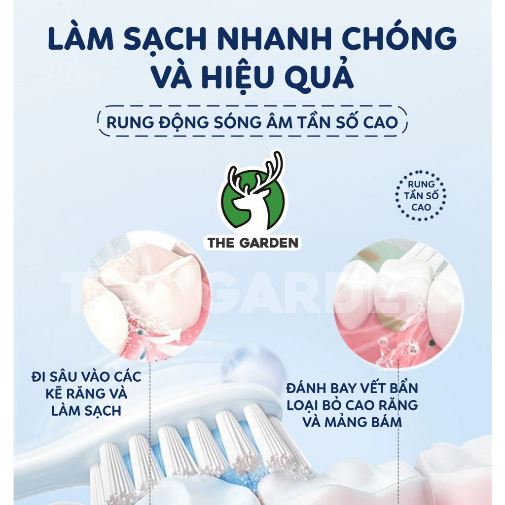 Bàn Chải Điện Đánh Răng THE GARDEN Thông Minh 6 Chế Độ Làm Sạch Tặng Kèm 4 Đầu Thay Thế Lông Mềm Cao Cấp