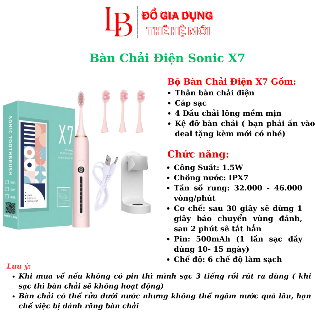 Bàn chải điện Sonic X7 dùng công nghệ rung sóng âm, bàn chải đánh răng tự động đánh tan mảng bám thế hệ mới nhất 2024