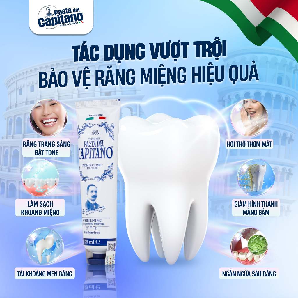 Kem Đánh Răng Trắng Răng Pasta Del Capitano Toothpaste Italy Giải Quyết Các Vấn Đề Răng Miệng, Trắng Sáng Tự Nhiên 75ml