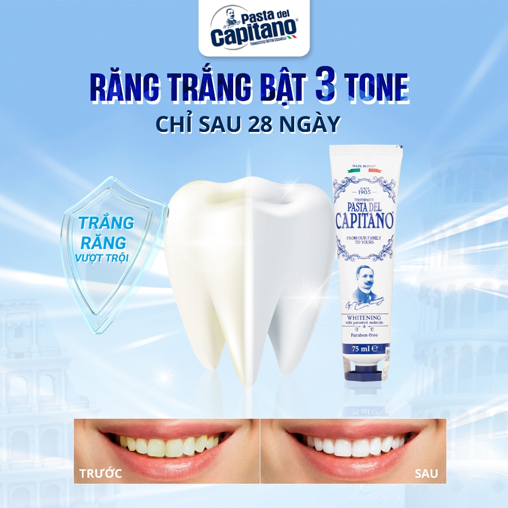 Kem Đánh Răng Trắng Răng Pasta Del Capitano Toothpaste Italy Giải Quyết Các Vấn Đề Răng Miệng, Trắng Sáng Tự Nhiên 75ml