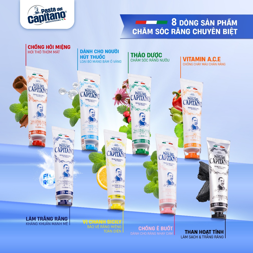 Kem Đánh Răng Trắng Răng Pasta Del Capitano Toothpaste Italy Giải Quyết Các Vấn Đề Răng Miệng, Trắng Sáng Tự Nhiên 75ml