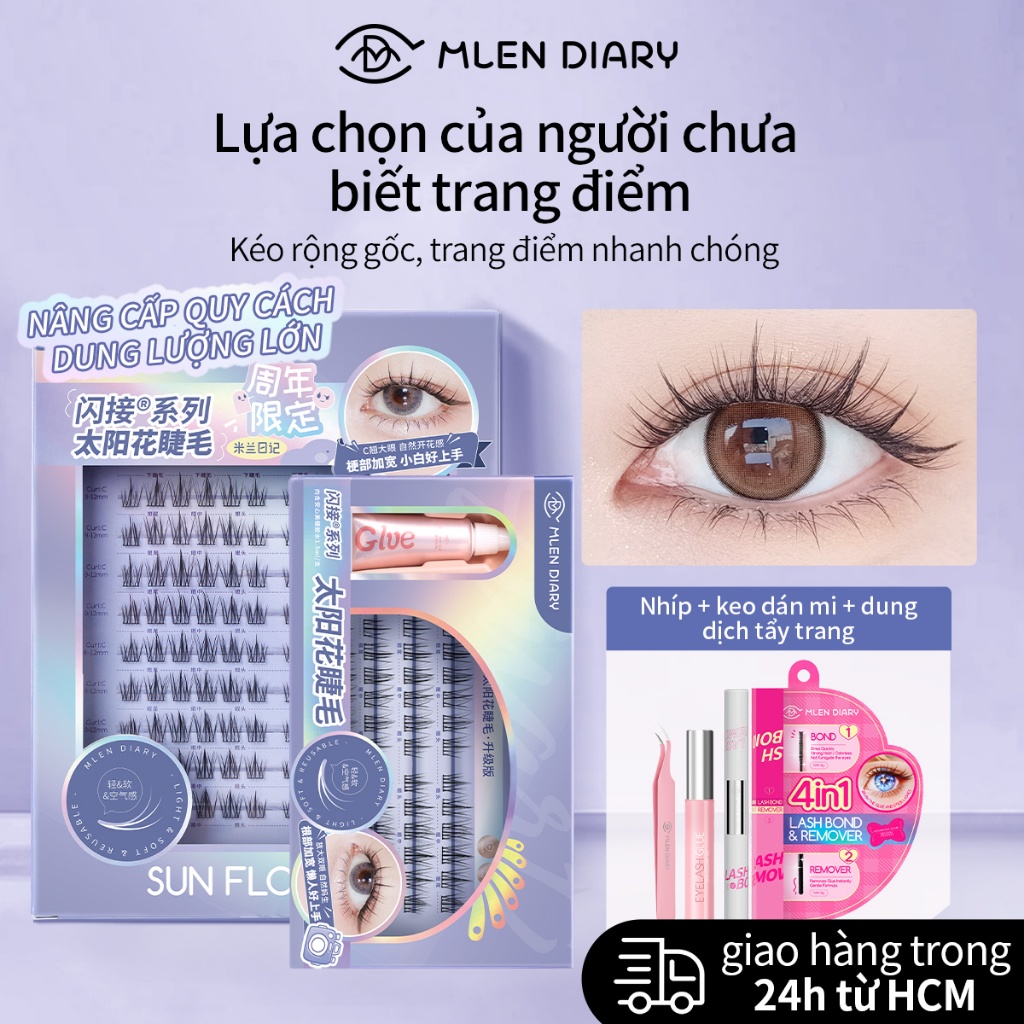 Mlen Diary Lông Mi Giả Tách Sợi Tự Nhiên Mi cụm hoa hướng dương bản Trung Sách Mi Giả Bộ lông dành cho người mới bắtđầu