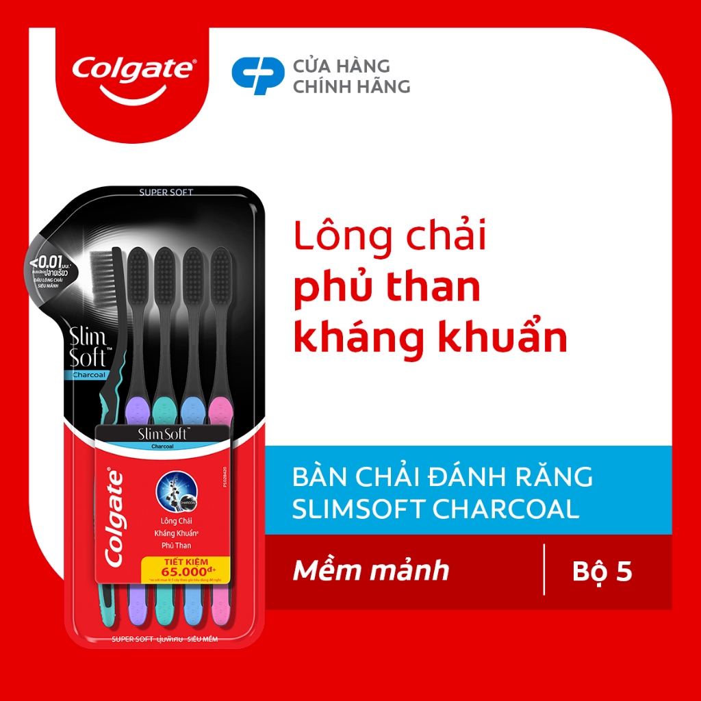 Bộ 5 Bàn chải Colgate SlimSoft Charcoal than hoạt tính kháng khuẩn siêu mềm mảnh