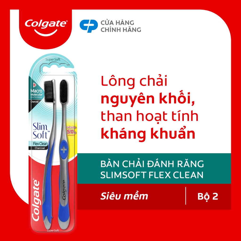 Bộ 2 bàn chải Colgate Slimsoft Flex Clean Charcoal nguyên khối than hoạt tính kháng khuẩn