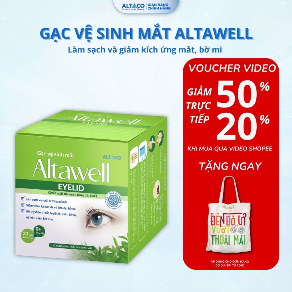 Gạc Mắt Altawell Eyelid Làm Sạch Giảm Kích Ứng Mắt Bờ Mi Với Chiết Xuất Trà Xanh Tràm Trà – Hộp 20 gói