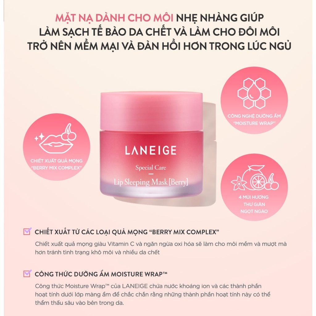 Mặt Nạ Ngủ Môi Laneige, Mặt Nạ Ngủ Môi Dưỡng Ẩm, Căng Bóng Mềm Mịn Hương Dâu Laneige Lip Sleeping Mask 3g, 20g