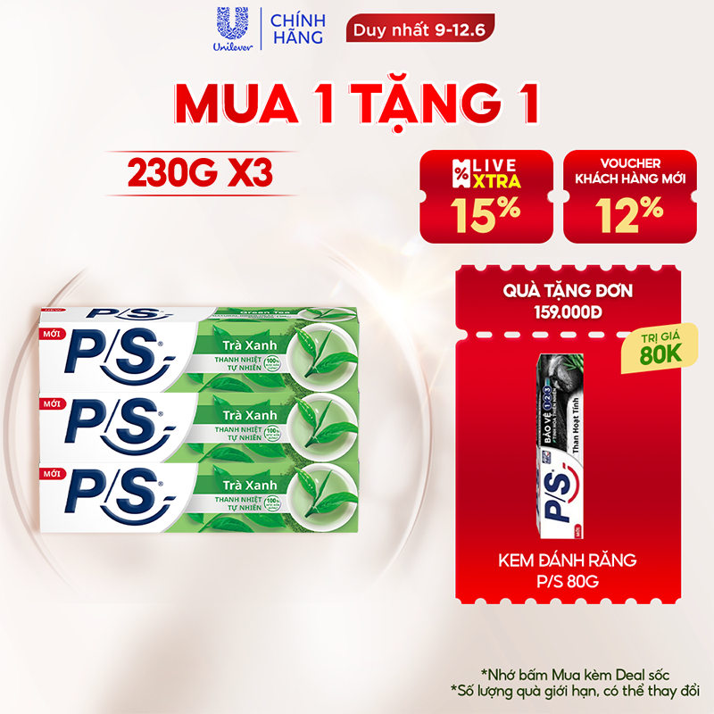 Bộ 3 Kem Đánh Răng P/S Trà Xanh Thanh Nhiệt Tự Nhiên 230g/hộp