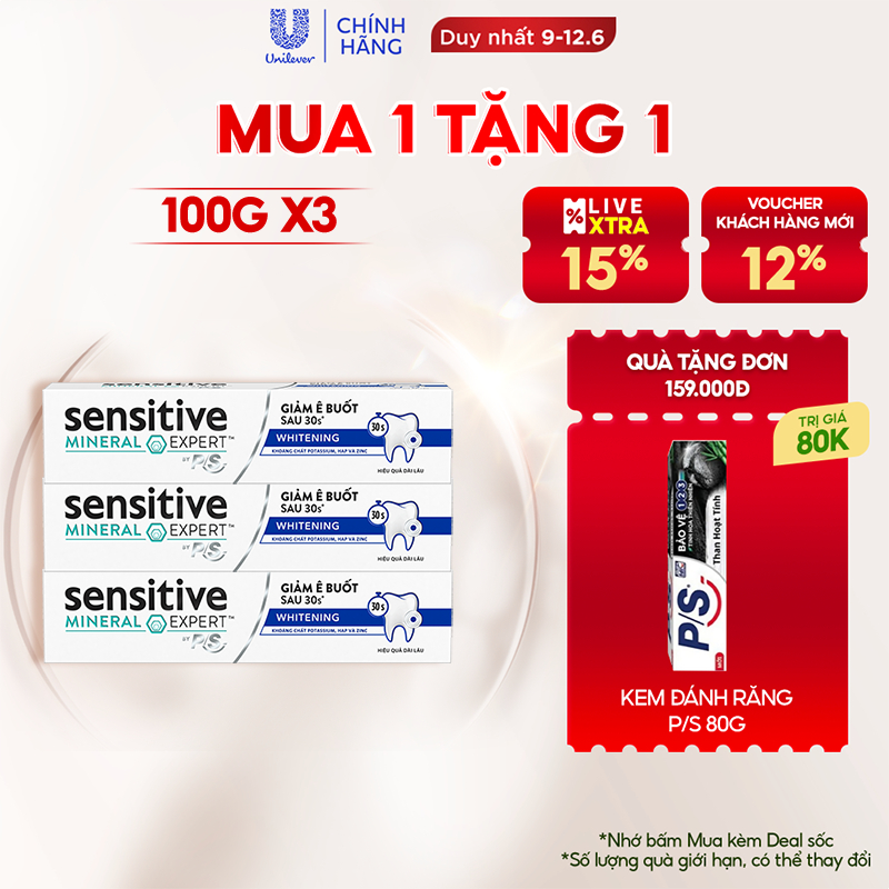 Bộ 3 Hộp Kem đánh răng P/S giảm ê buốt sau 30 giây Sensitive Mineral Expert Whitening với tác động từ khoáng 100g