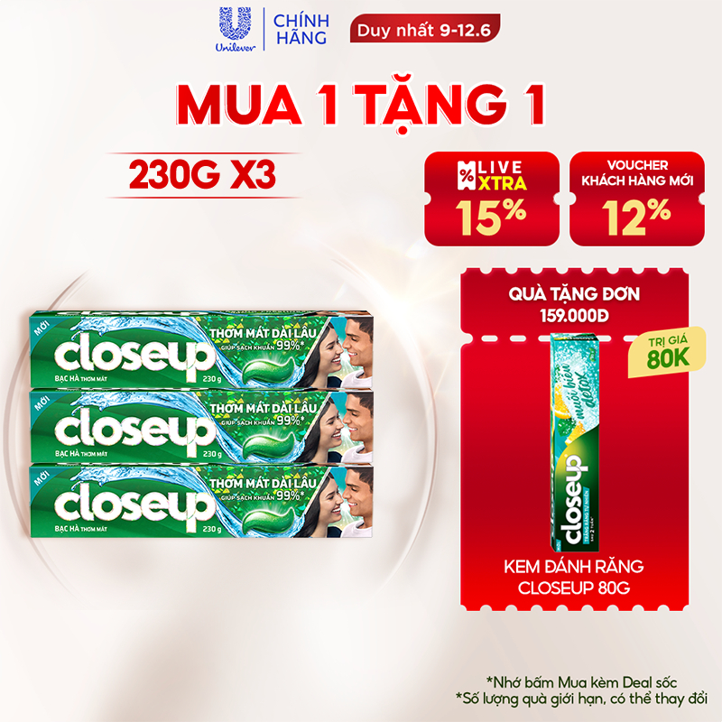 Combo 3 Kem Đánh Răng Closeup Dạng Gel Cho Hơi Thở Thơm Mát Bất Tận Bạc Hà The Mát 230G/Tuýp